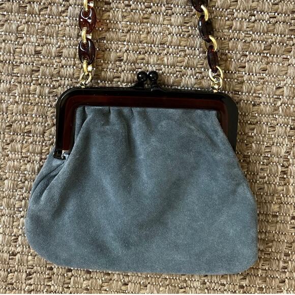 Vintage Walborg Suede Evening Bag – Grey Suede, Tortoise Lucite Frame & Chain - Picture 2 of 6